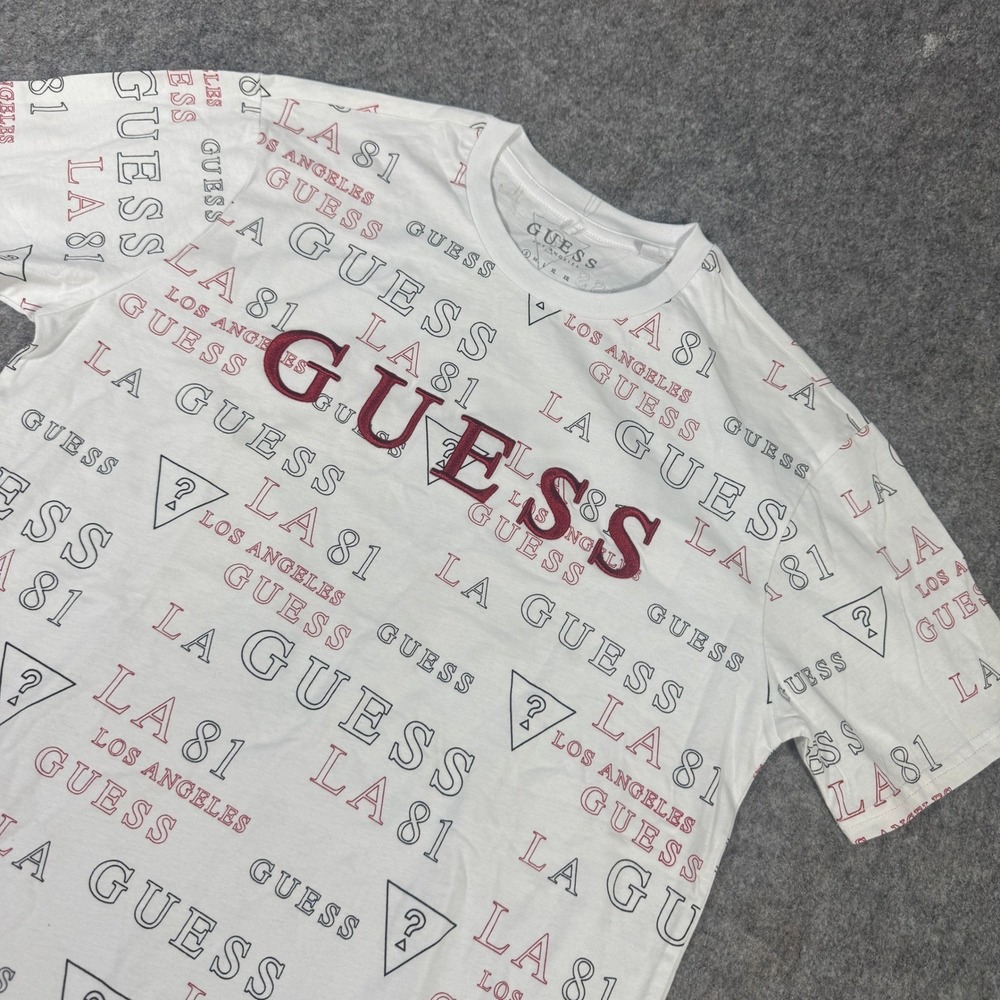 Guess Los Angeles Mens All Over Logo Graphic T-Shirt White Red T3BI58 KBIV0 S